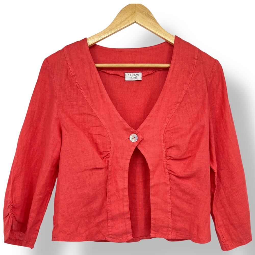 Femme Fatale Made in Italy Linen Coral 3/4 Sleeve Single Button Blouse Women's M